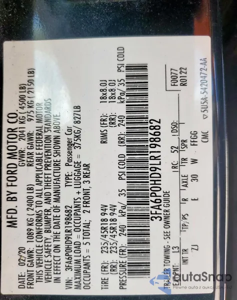 2020 Ford Fusion Se from USA, damaged, VIN 3FA6P0HD9LR198682